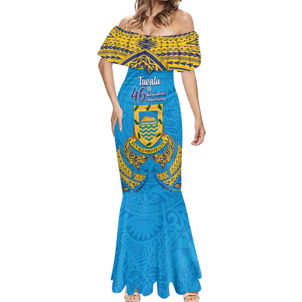 Personalised Tuvalu Independence Day Mermaid Dress Coat Of Arms With Polynesian Dolphin Tattoo LT05 - Polynesian Pride