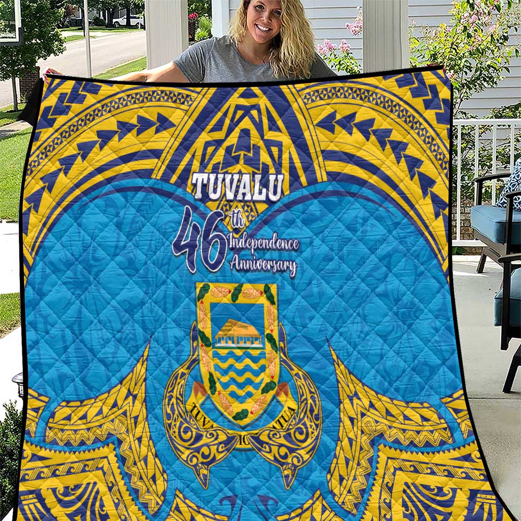 Tuvalu Independence Day Quilt Coat Of Arms With Polynesian Dolphin Tattoo LT05 Blue - Polynesian Pride