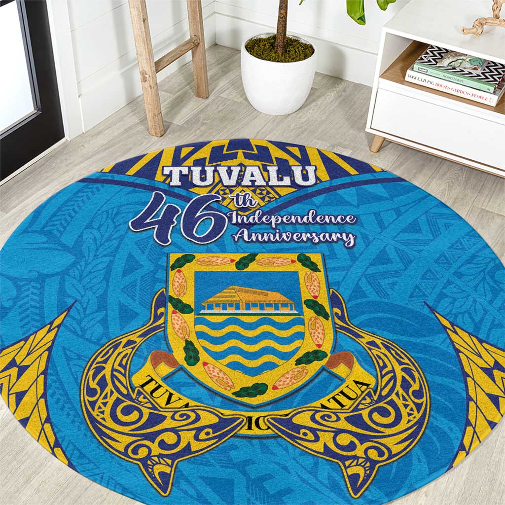 Tuvalu Independence Day Round Carpet Coat Of Arms With Polynesian Dolphin Tattoo LT05 Blue - Polynesian Pride