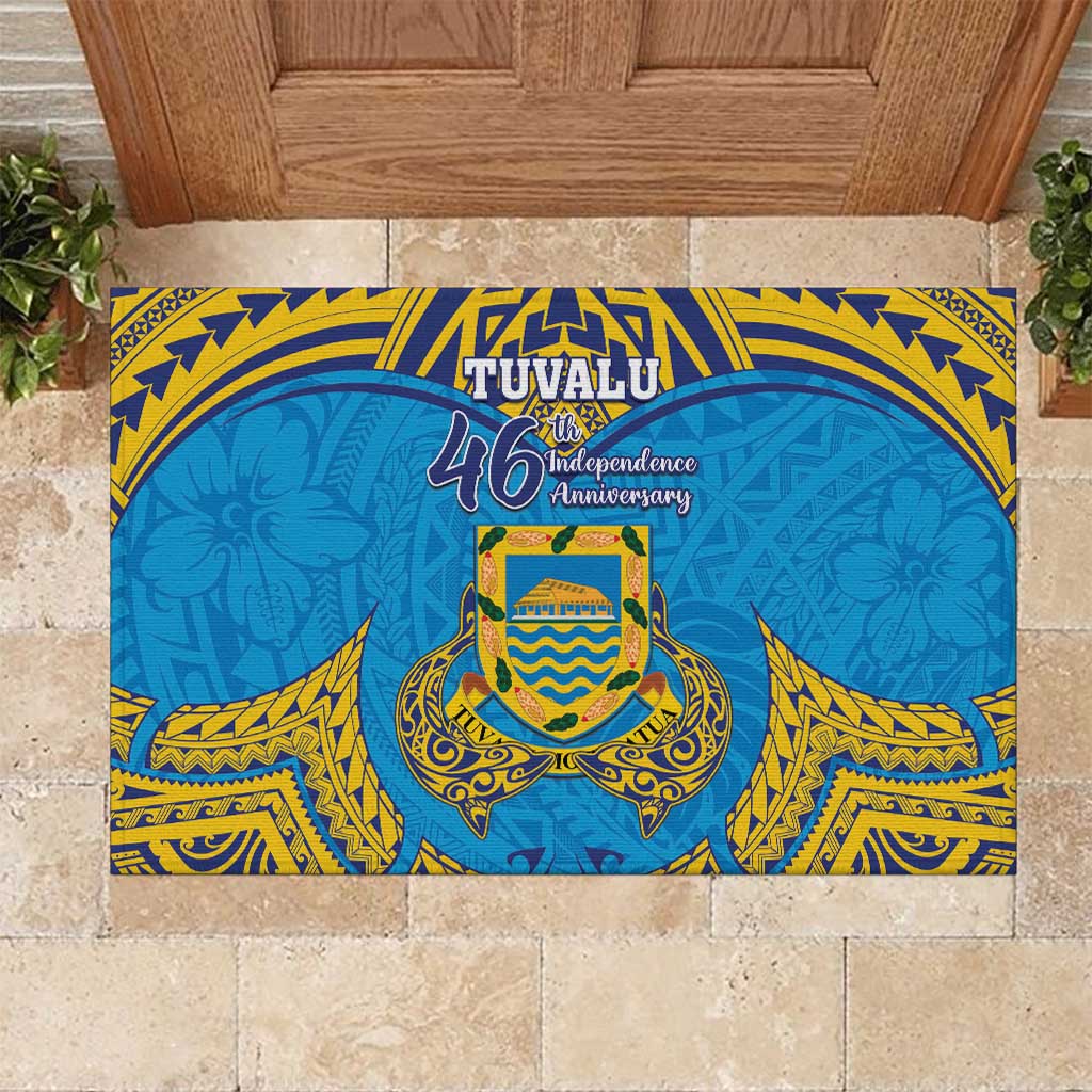 Tuvalu Independence Day Rubber Doormat Coat Of Arms With Polynesian Dolphin Tattoo LT05 Blue - Polynesian Pride