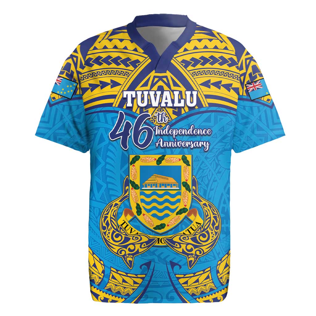 Personalised Tuvalu Independence Day Rugby Jersey Coat Of Arms With Polynesian Dolphin Tattoo LT05 Blue - Polynesian Pride