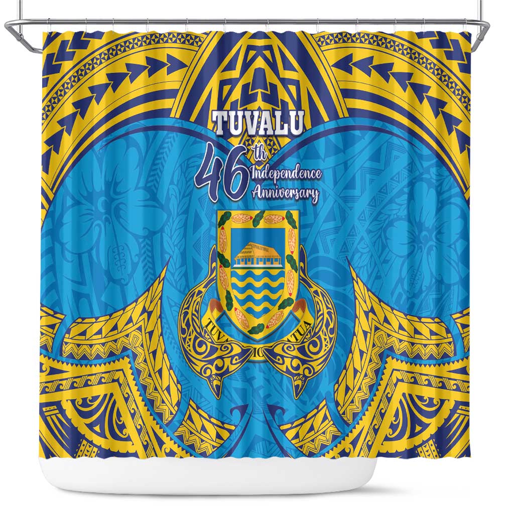 Tuvalu Independence Day Shower Curtain Coat Of Arms With Polynesian Dolphin Tattoo LT05 Blue - Polynesian Pride
