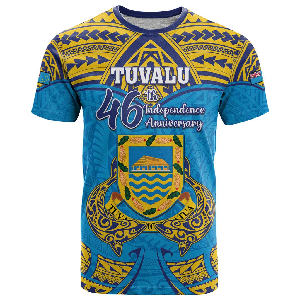 Personalised Tuvalu Independence Day T Shirt Coat Of Arms With Polynesian Dolphin Tattoo LT05 Blue - Polynesian Pride