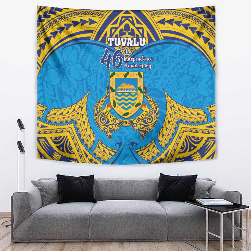 Tuvalu Independence Day Tapestry Coat Of Arms With Polynesian Dolphin Tattoo LT05 Blue - Polynesian Pride