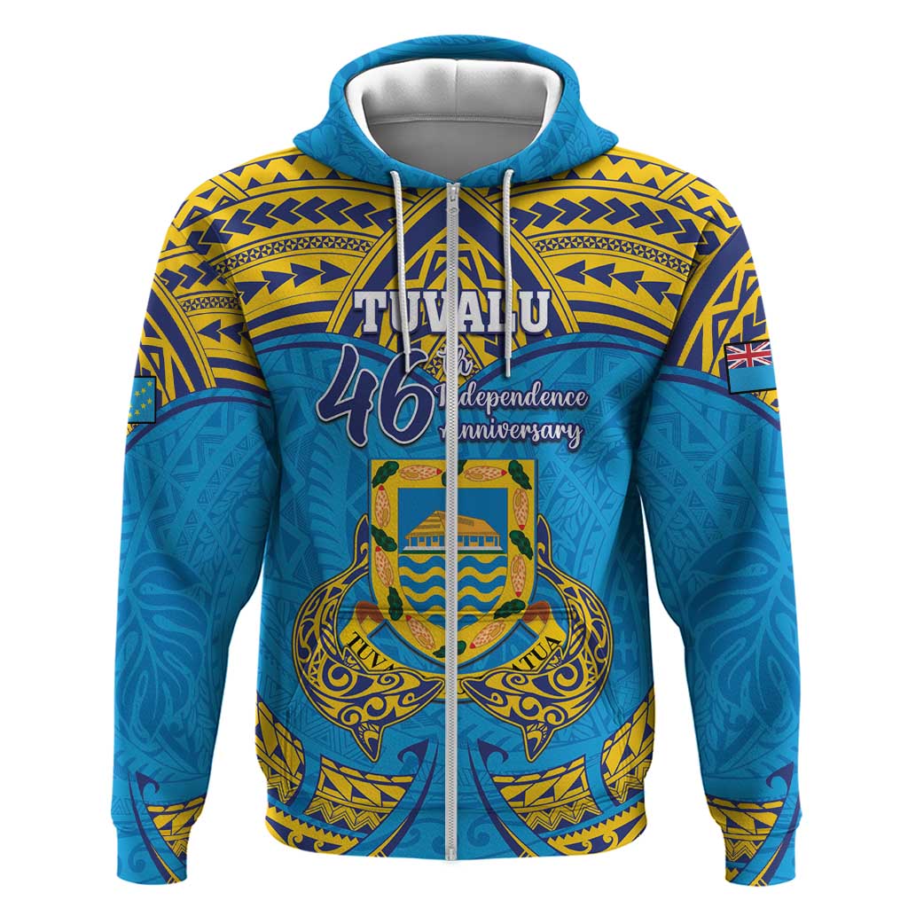 Personalised Tuvalu Independence Day Zip Hoodie Coat Of Arms With Polynesian Dolphin Tattoo LT05 Zip Hoodie Blue - Polynesian Pride