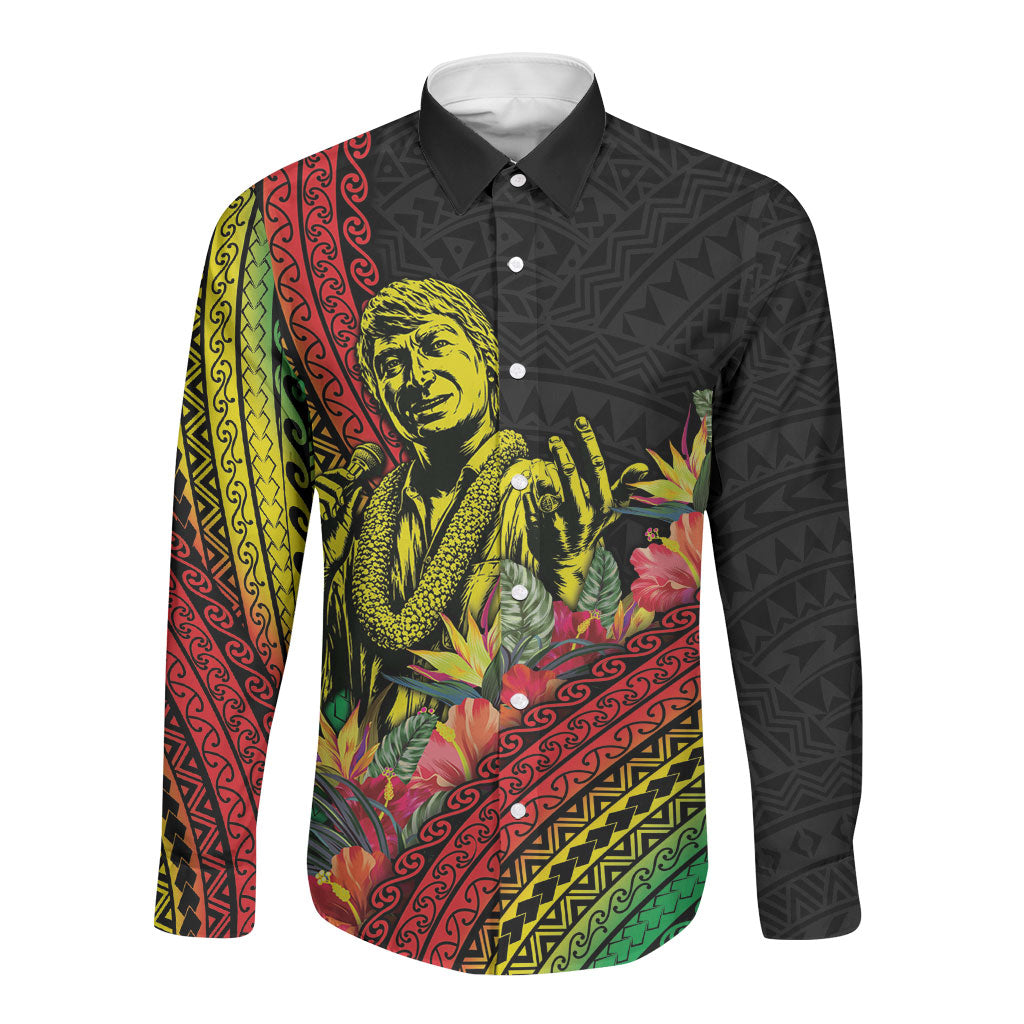 Retro Hawaiian Singer Long Sleeve Button Shirt Polynesian Style Tropical Flowers LT05 Unisex Black - Polynesian Pride