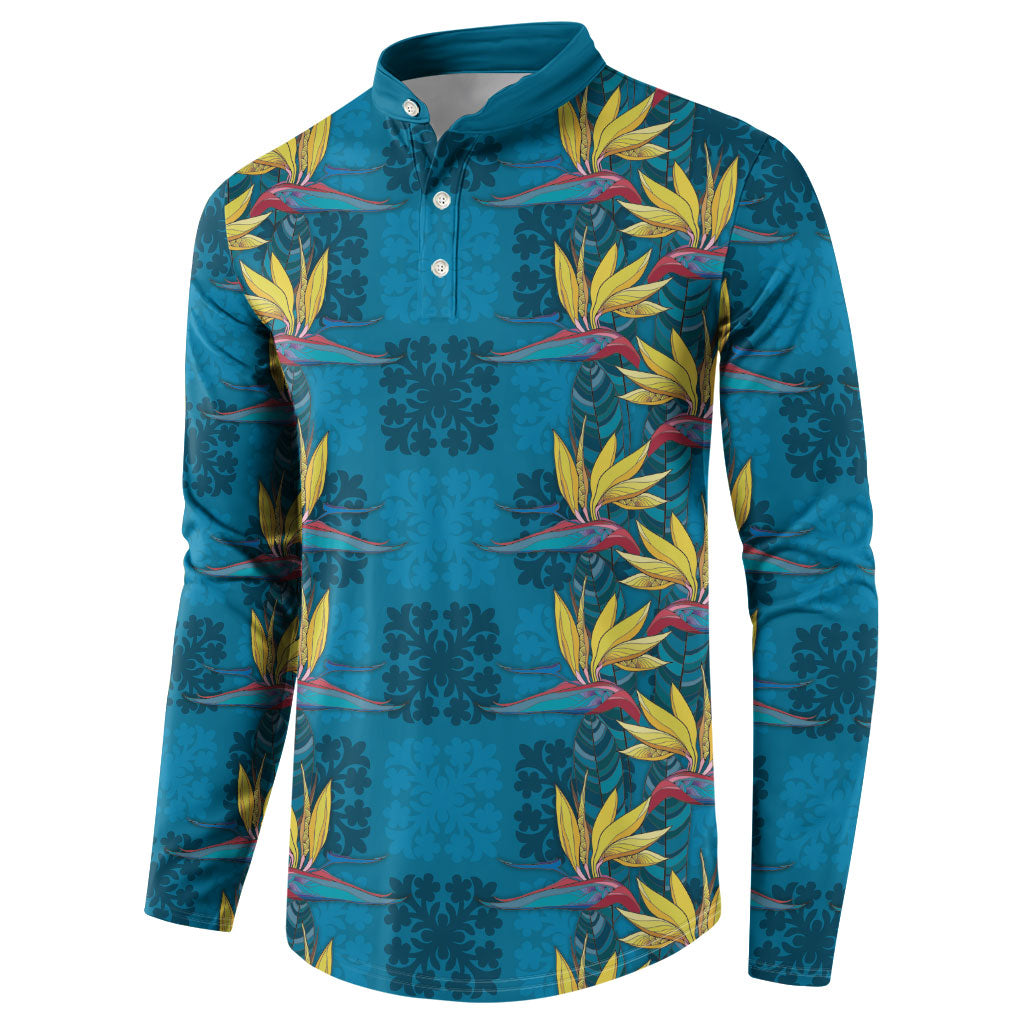 Hawaii Waikiki King Button Sweatshirt Blue Quilt With Pua Manu LT05 - Polynesian Pride