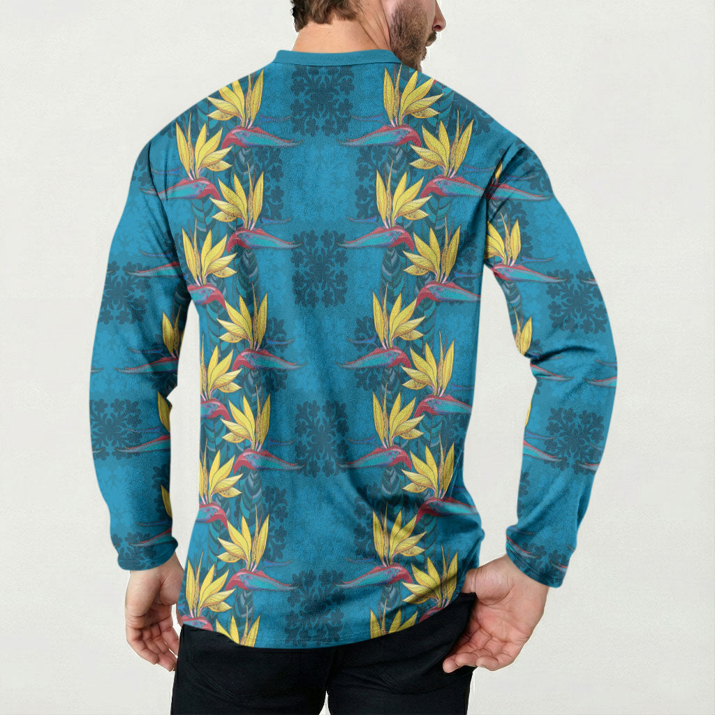 Hawaii Waikiki King Button Sweatshirt Blue Quilt With Pua Manu LT05 - Polynesian Pride