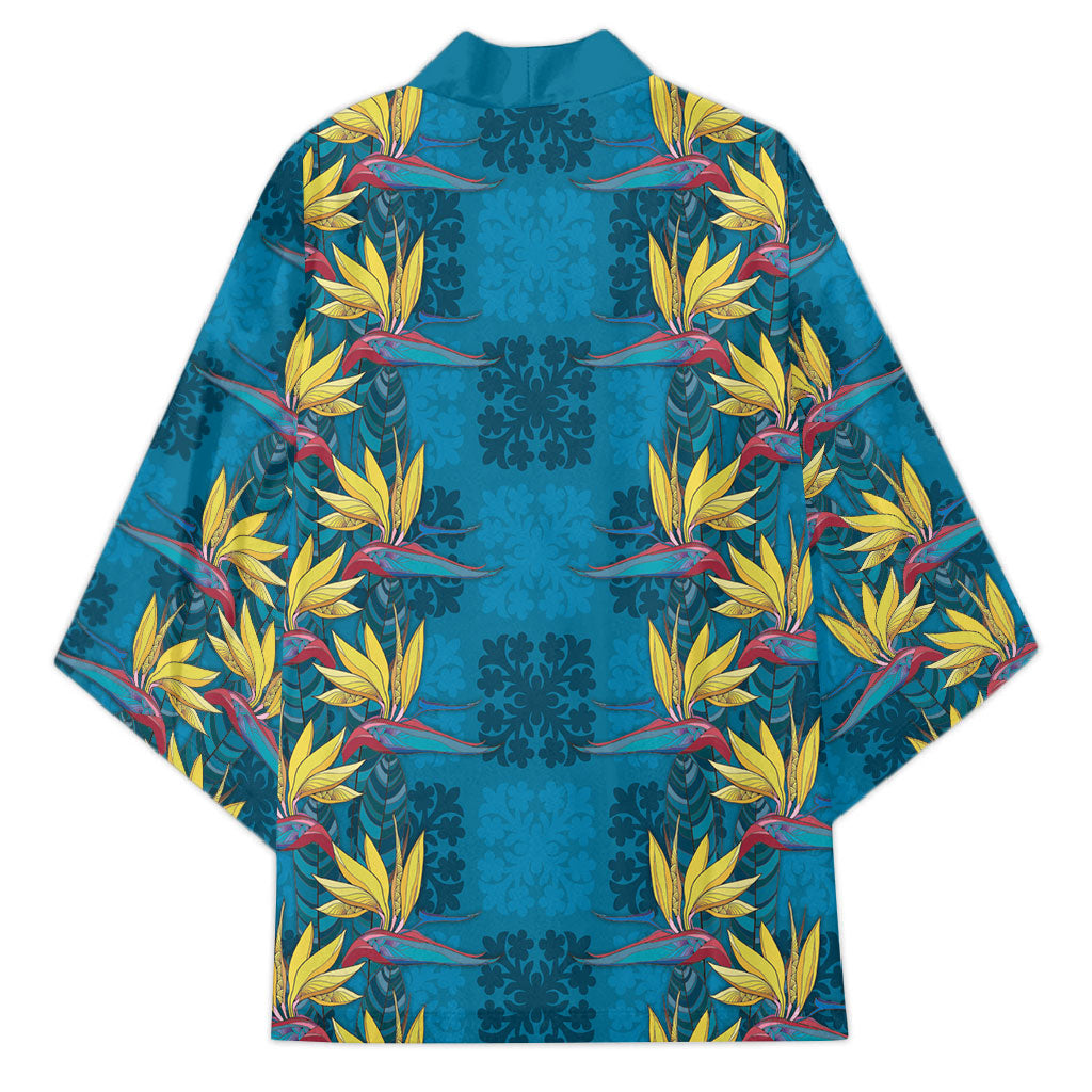 Hawaii Waikiki King Kimono Blue Quilt With Pua Manu LT05 - Polynesian Pride