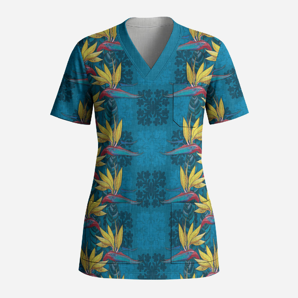 Hawaii Waikiki King Scrub Top Blue Quilt With Pua Manu LT05 Adult Blue - Polynesian Pride