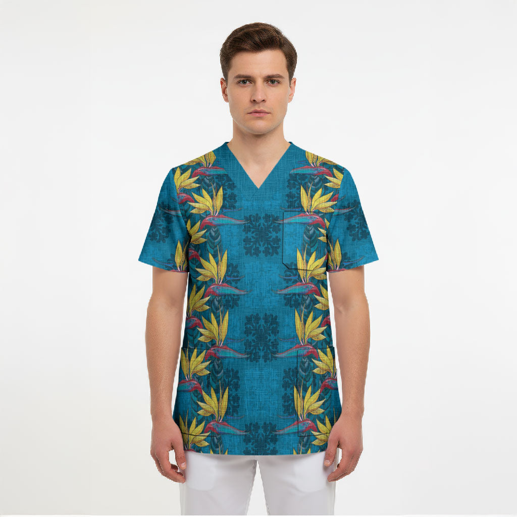 Hawaii Waikiki King Scrub Top Blue Quilt With Pua Manu LT05 - Polynesian Pride