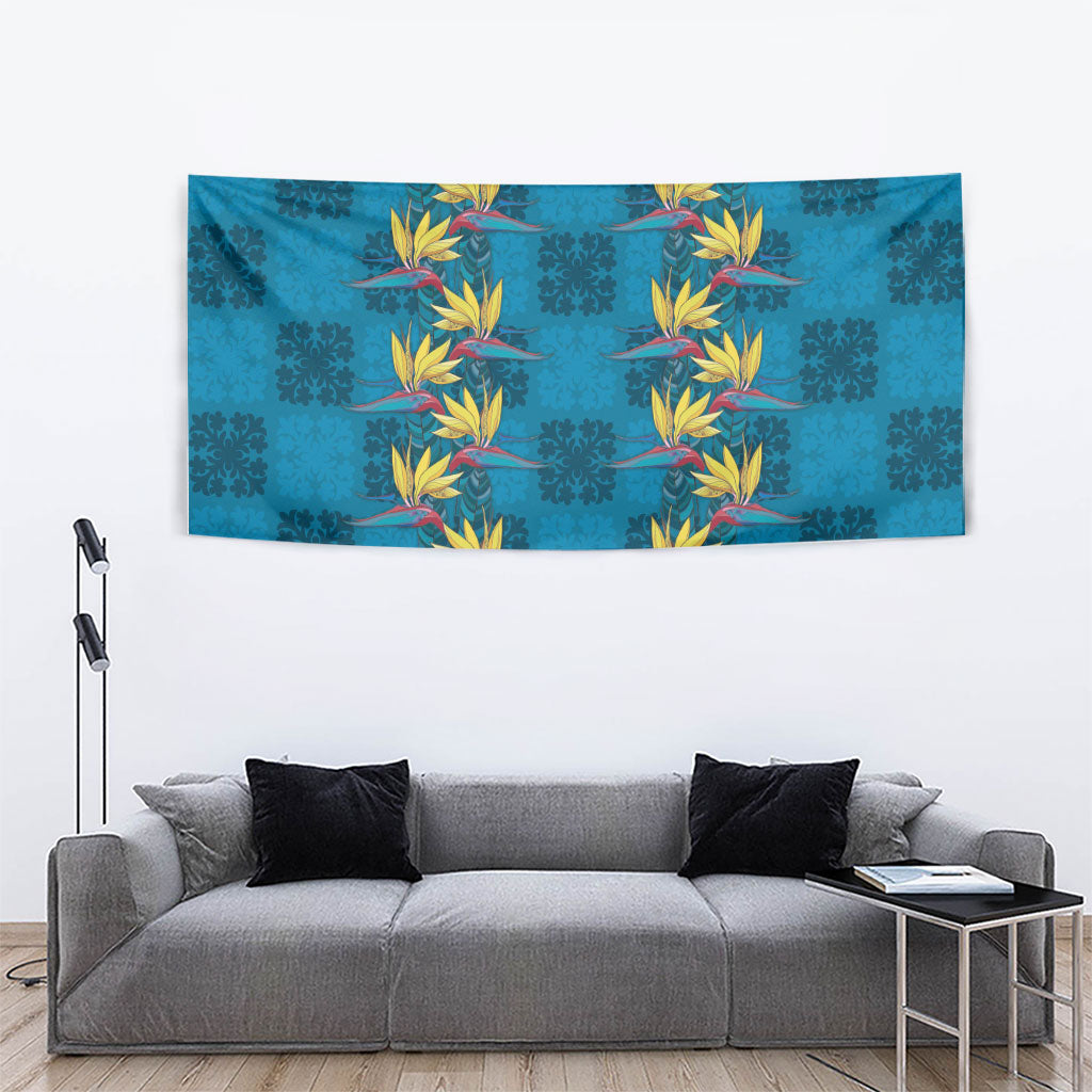 Hawaii Waikiki King Tapestry Blue Quilt With Pua Manu LT05 - Polynesian Pride