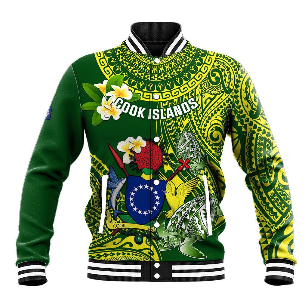 Personalized Cook Islands Baseball Jacket Coat Of Arms Plumeria Polynesian Turtle LT05 Unisex Green - Polynesian Pride