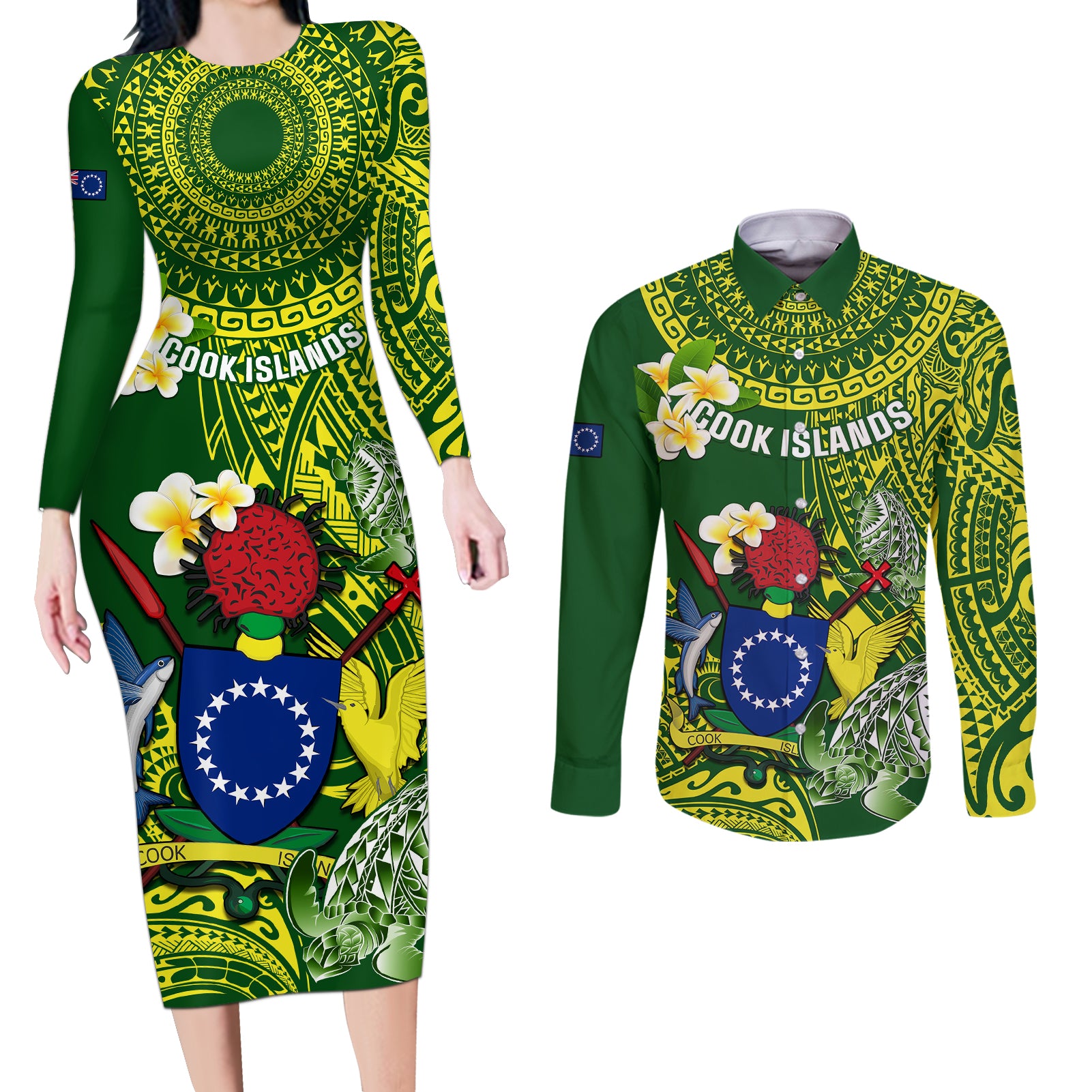 Personalized Cook Islands Couples Matching Long Sleeve Bodycon Dress and Long Sleeve Button Shirts Coat Of Arms Plumeria Polynesian Turtle LT05 Green - Polynesian Pride