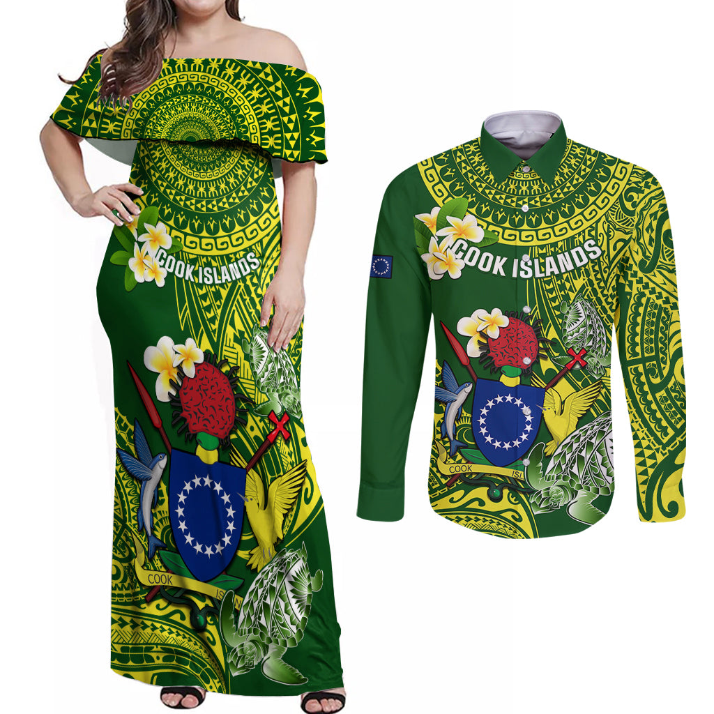 Personalized Cook Islands Couples Matching Off Shoulder Maxi Dress and Long Sleeve Button Shirts Coat Of Arms Plumeria Polynesian Turtle LT05 Green - Polynesian Pride