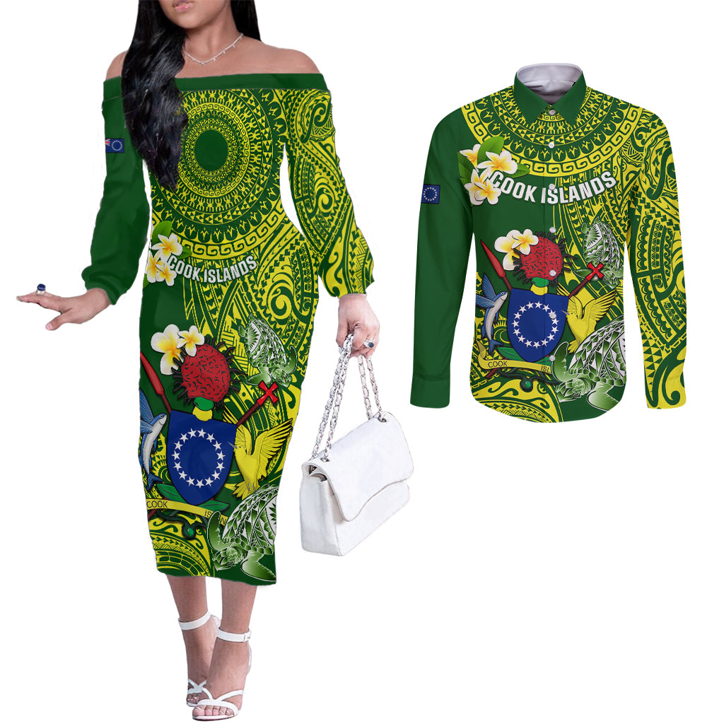 Personalized Cook Islands Couples Matching Off The Shoulder Long Sleeve Dress and Long Sleeve Button Shirts Coat Of Arms Plumeria Polynesian Turtle LT05 Green - Polynesian Pride