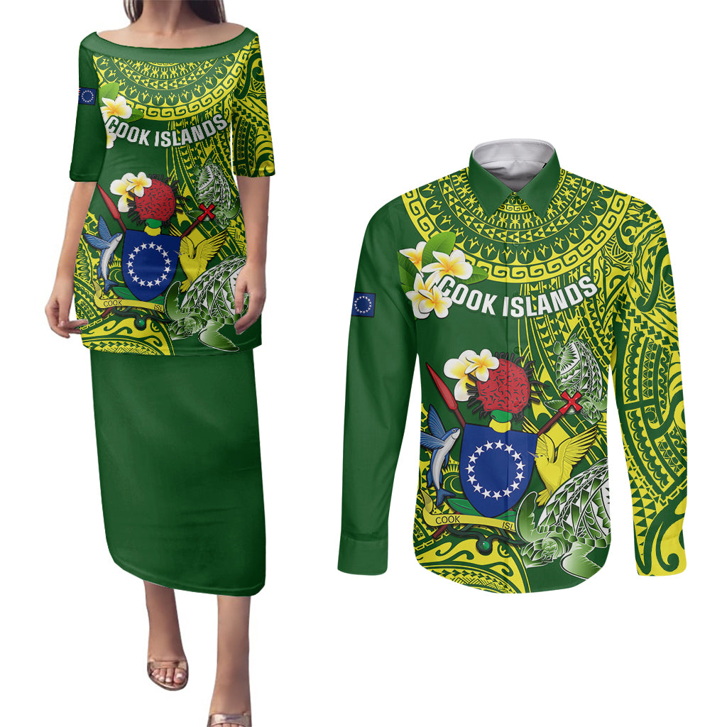 Personalized Cook Islands Couples Matching Puletasi Dress and Long Sleeve Button Shirts Coat Of Arms Plumeria Polynesian Turtle LT05 Green - Polynesian Pride