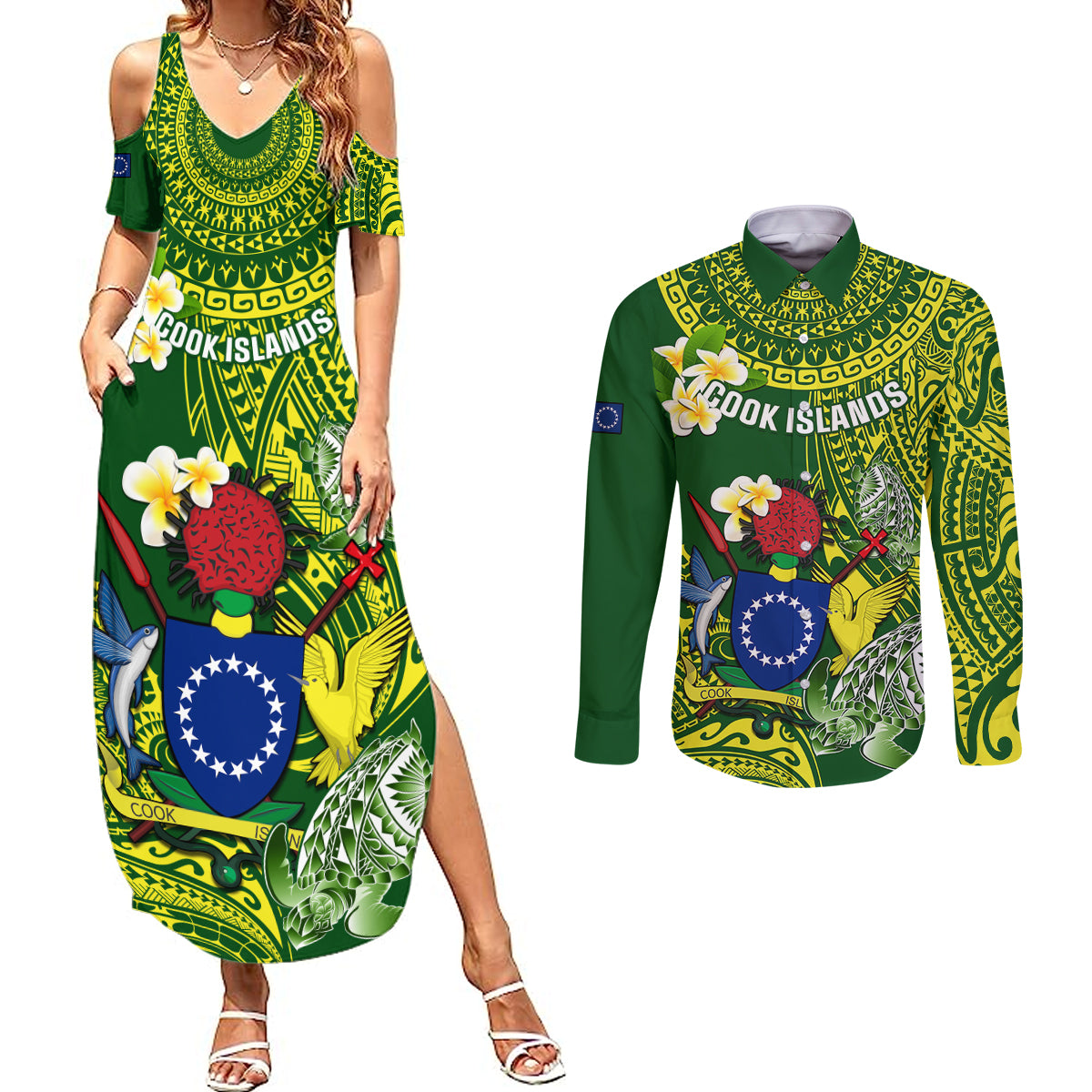 Personalized Cook Islands Couples Matching Summer Maxi Dress and Long Sleeve Button Shirts Coat Of Arms Plumeria Polynesian Turtle LT05 Green - Polynesian Pride