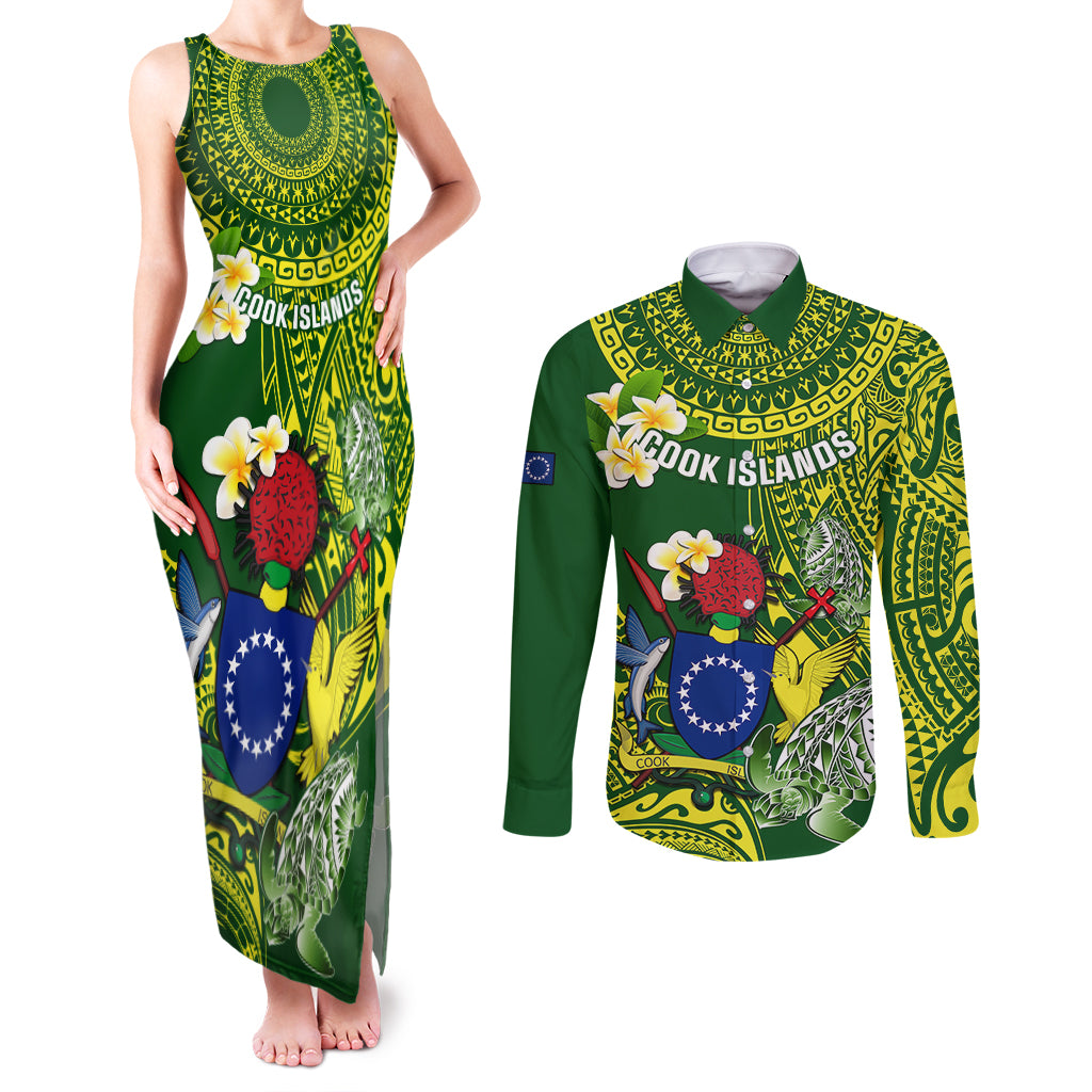 Personalized Cook Islands Couples Matching Tank Maxi Dress and Long Sleeve Button Shirts Coat Of Arms Plumeria Polynesian Turtle LT05 Green - Polynesian Pride