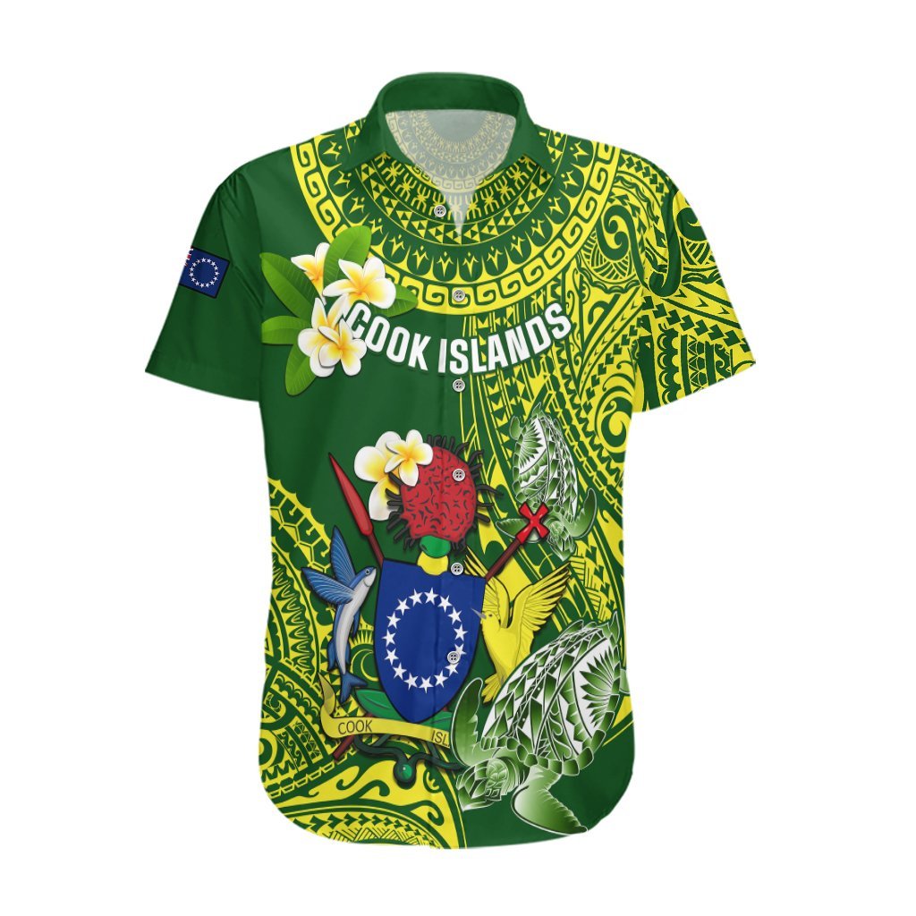 Personalized Cook Islands Hawaiian Shirt Coat Of Arms Plumeria Polynesian Turtle LT05 Green - Polynesian Pride