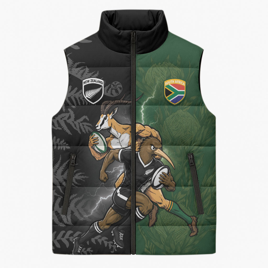 Custom South Africa And New Zealand Sleeveless Puffer Jacket Springboks And Kiwis Rugby Rivalry LT05 Unisex Black - Polynesian Pride