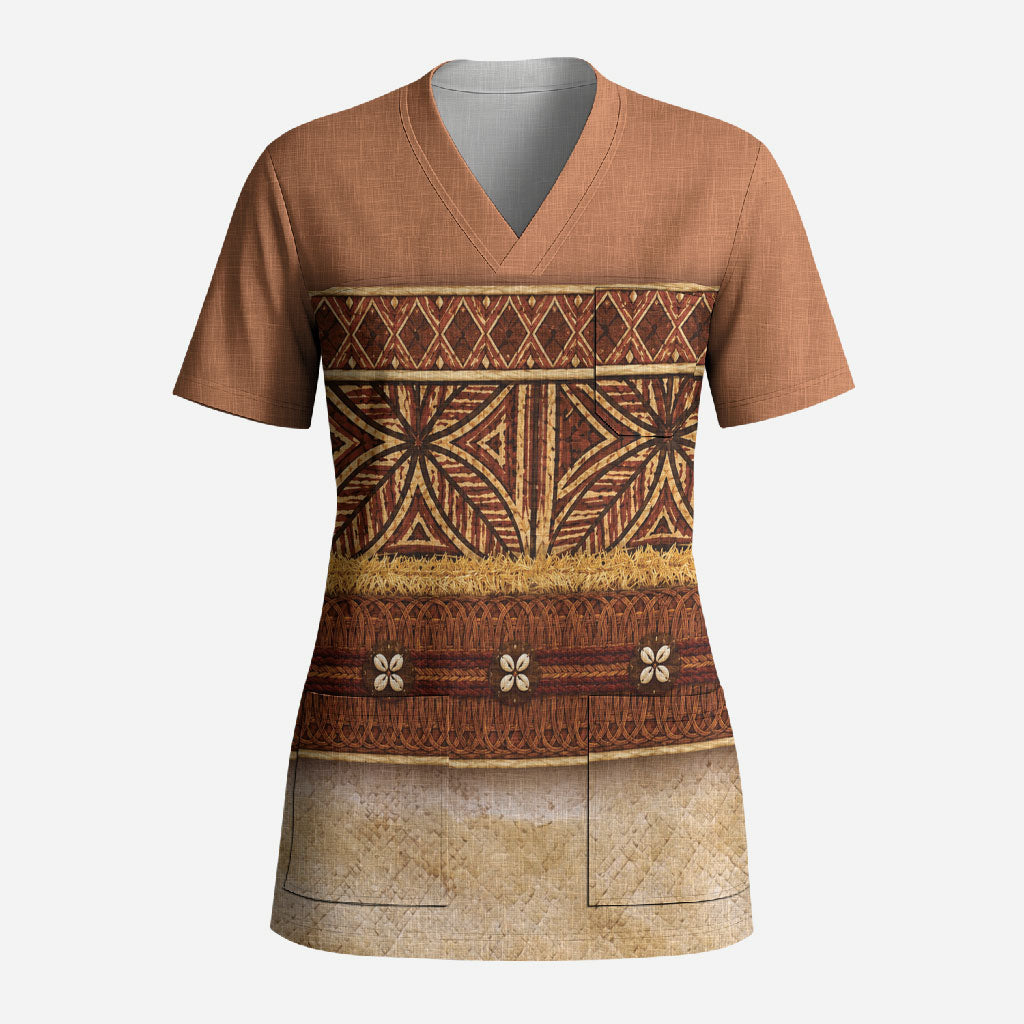 Polynesian Princess Inspired Cosplay Costume Scrub Top Traditional Tapa Pattern LT05 Adult Brown - Polynesian Pride