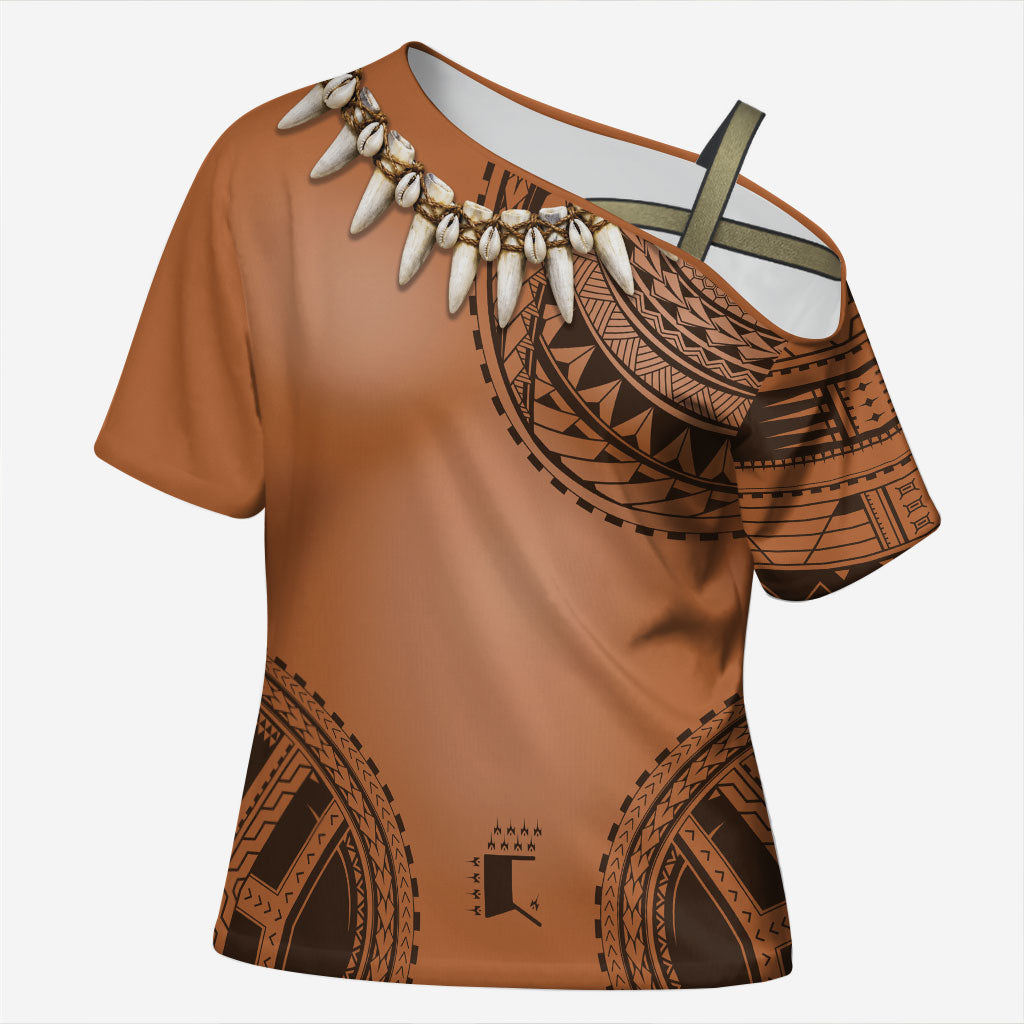 Polynesian Chief Inspired Costume Cross Shoulder Shirt Tribal Pattern With Tooth Necklace LT05 Female Brown - Polynesian Pride