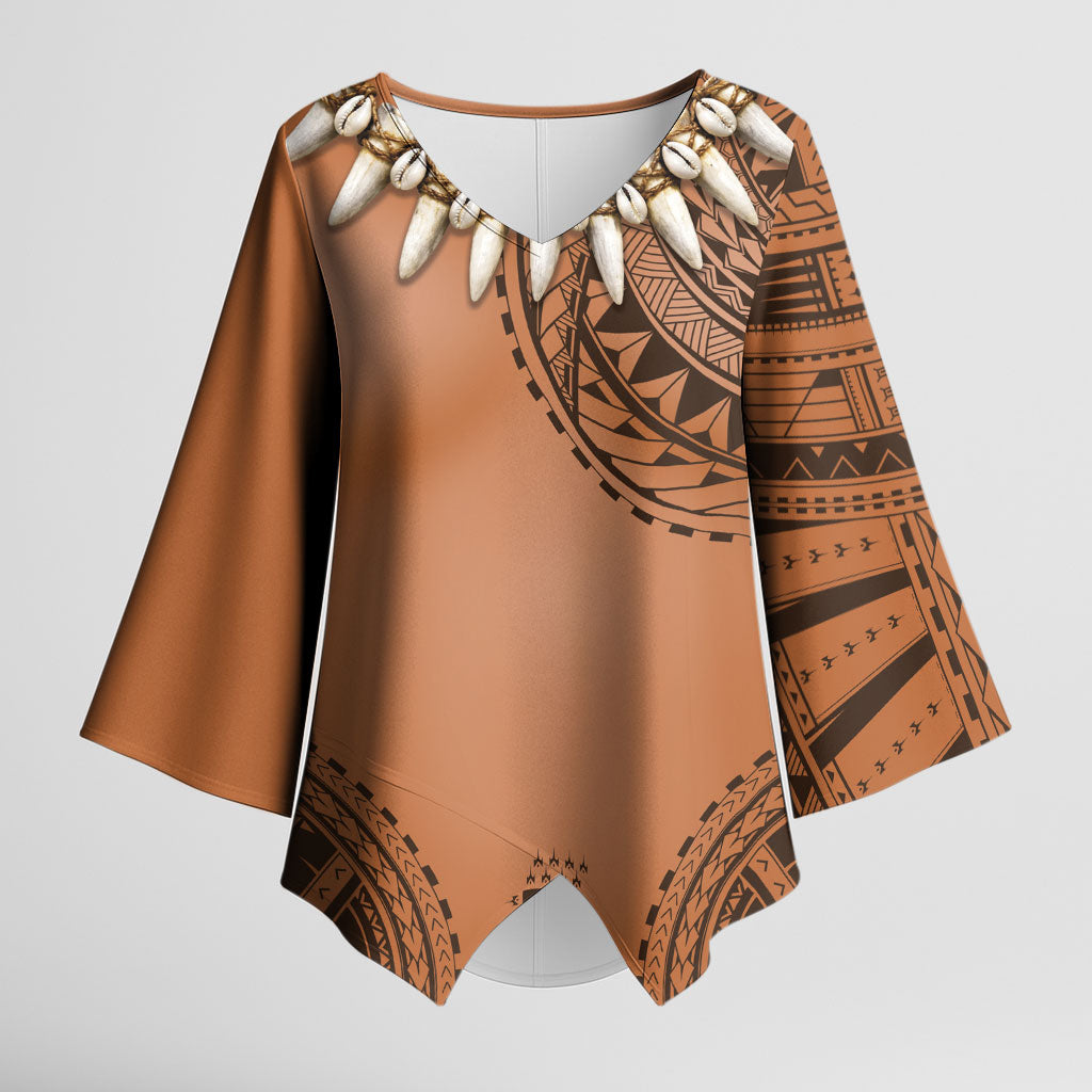 Polynesian Chief Inspired Costume Kimono Sleeve Blouse Tribal Pattern With Tooth Necklace LT05 Female Brown - Polynesian Pride