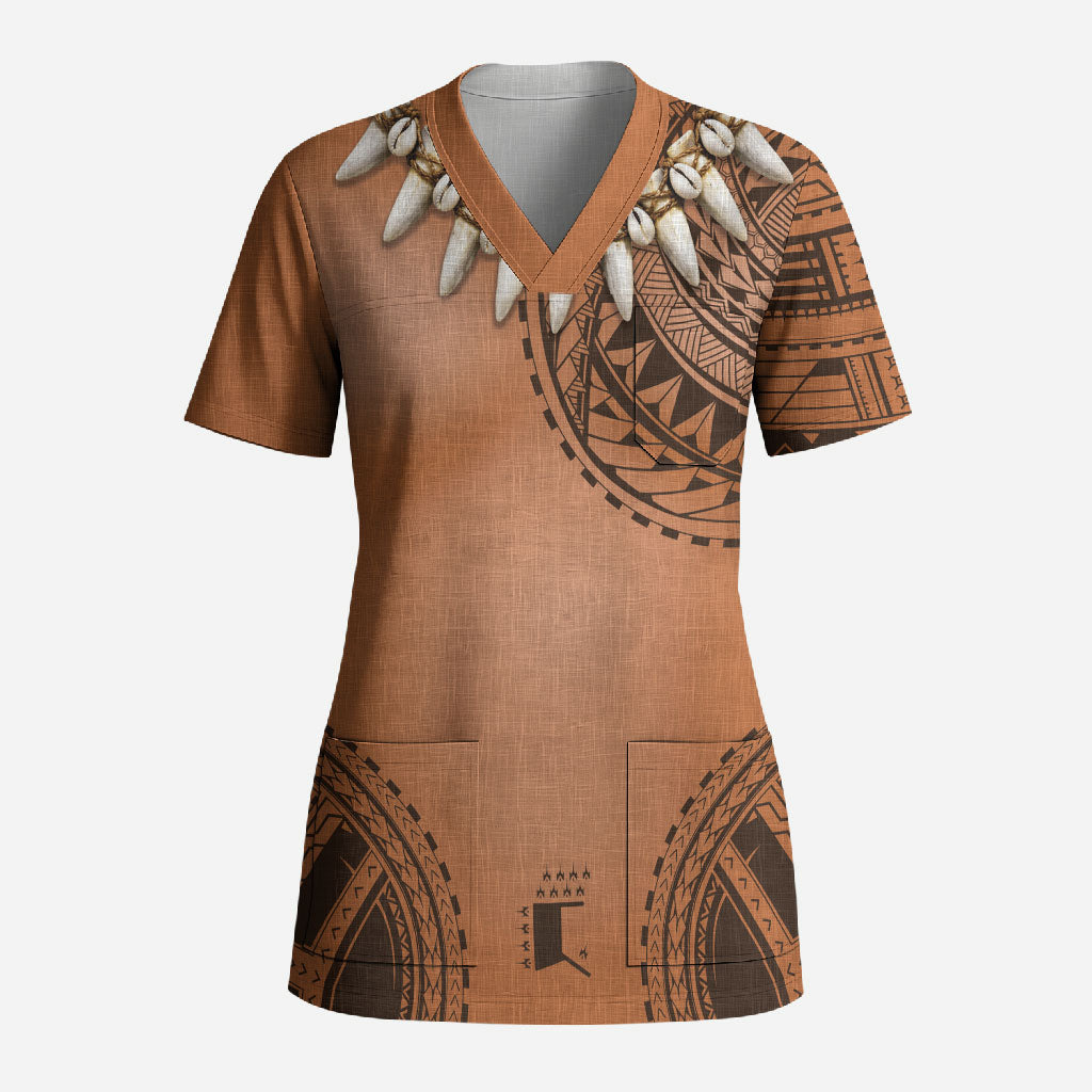Polynesian Chief Inspired Costume Scrub Top Tribal Pattern With Tooth Necklace LT05 Adult Brown - Polynesian Pride