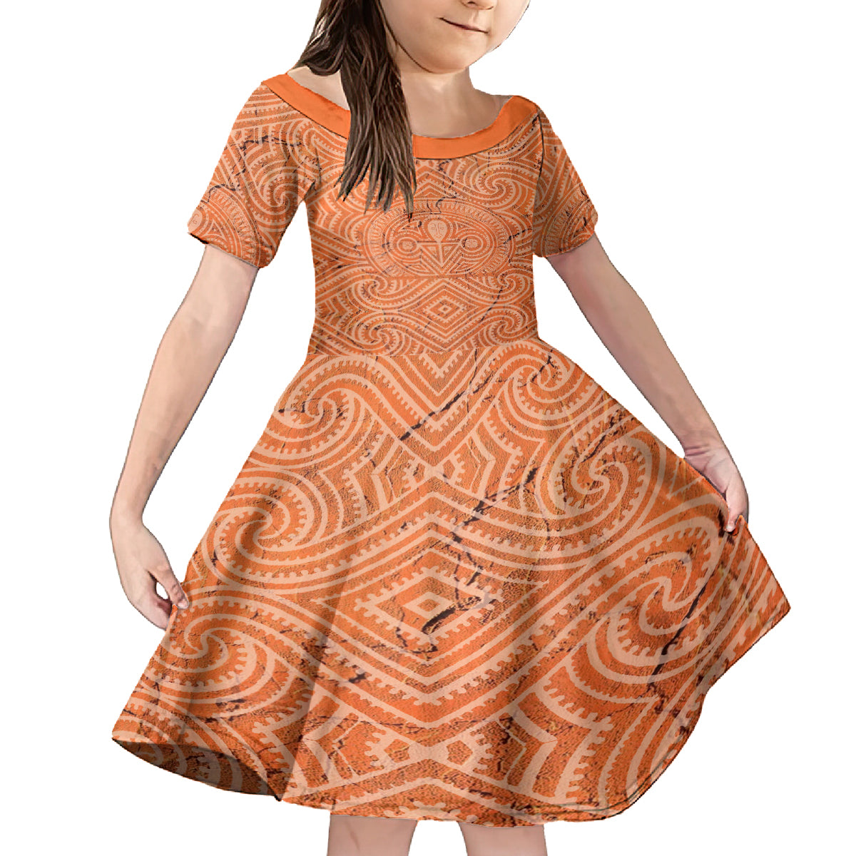 Personalised Lapita Culture Kid Short Sleeve Dress Iconic Double Face Pattern LT05 KID Brown - Polynesian Pride