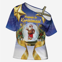 Samoa Christmas Cross Shoulder Shirt Snow Globe With Samoan Santa LT05 Female Navy - Polynesian Pride