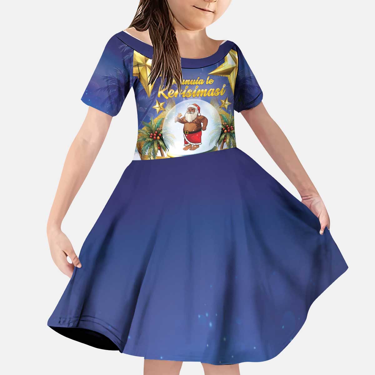 Samoa Christmas Kid Short Sleeve Dress Snow Globe With Samoan Santa LT05 KID Navy - Polynesian Pride