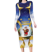 Samoa Christmas Long Sleeve Bodycon Dress Snow Globe With Samoan Santa LT05 Long Dress Navy - Polynesian Pride