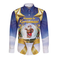 Samoa Christmas Long Sleeve Button Shirt Snow Globe With Samoan Santa LT05 Unisex Navy - Polynesian Pride