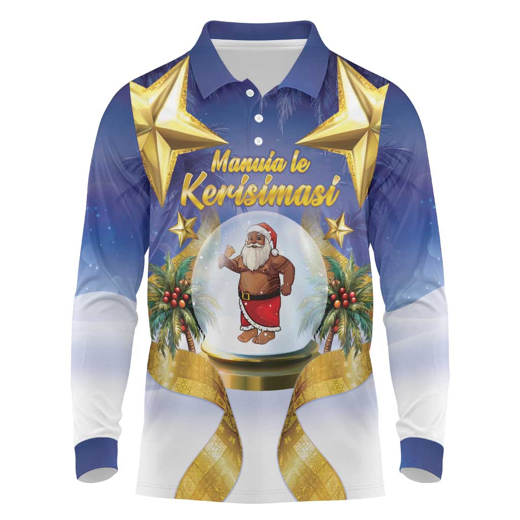 Samoa Christmas Long Sleeve Polo Shirt Snow Globe With Samoan Santa LT05 Navy - Polynesian Pride