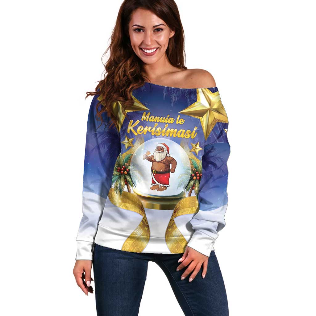 Samoa Christmas Off Shoulder Sweater Snow Globe With Samoan Santa LT05 Women Navy - Polynesian Pride