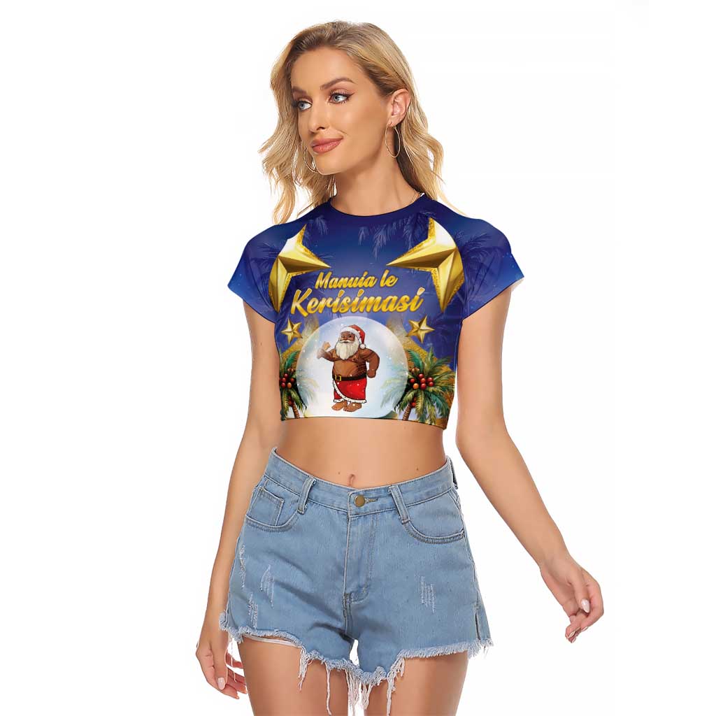 Samoa Christmas Raglan Cropped T Shirt Snow Globe With Samoan Santa LT05 Female Navy - Polynesian Pride