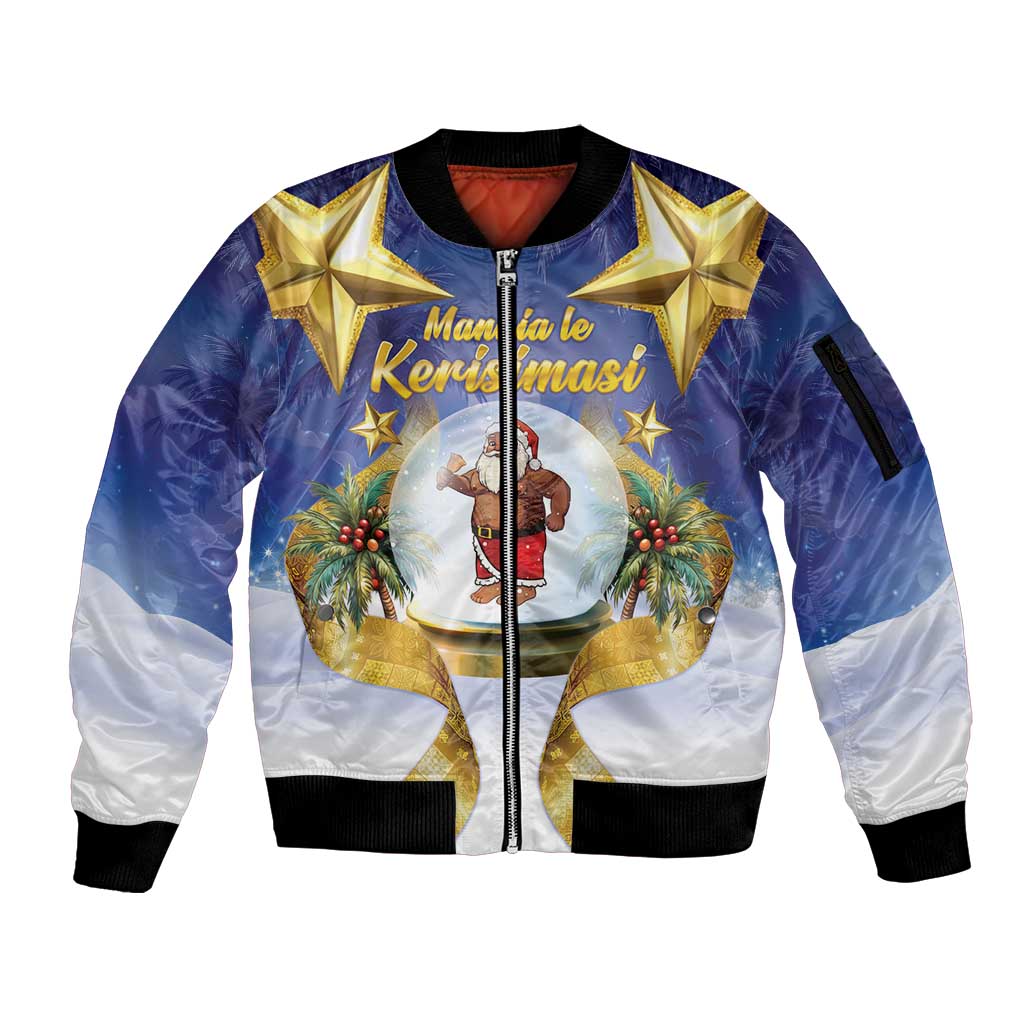 Samoa Christmas Sleeve Zip Bomber Jacket Snow Globe With Samoan Santa LT05 Unisex Navy - Polynesian Pride