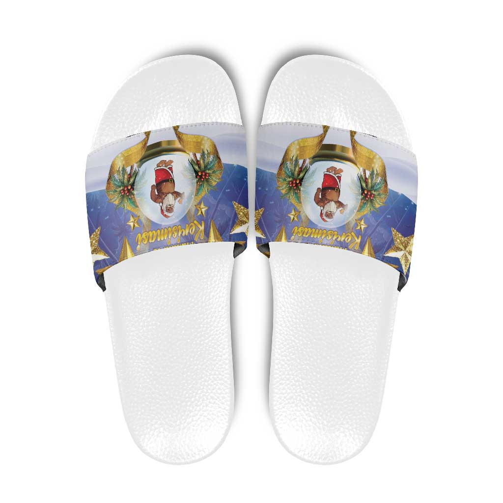 Samoa Christmas Slide Sandals Snow Globe With Samoan Santa LT05 Navy - Polynesian Pride