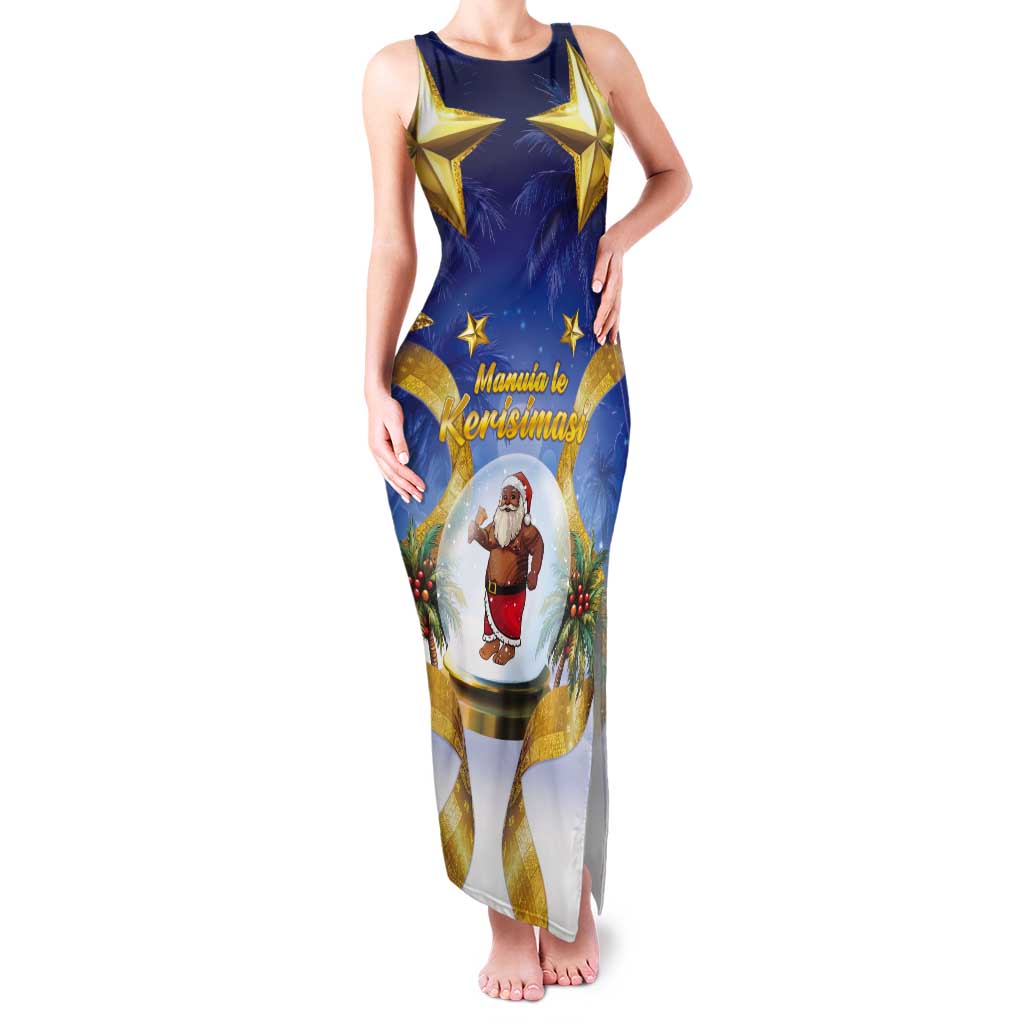 Samoa Christmas Tank Maxi Dress Snow Globe With Samoan Santa LT05 Women Navy - Polynesian Pride