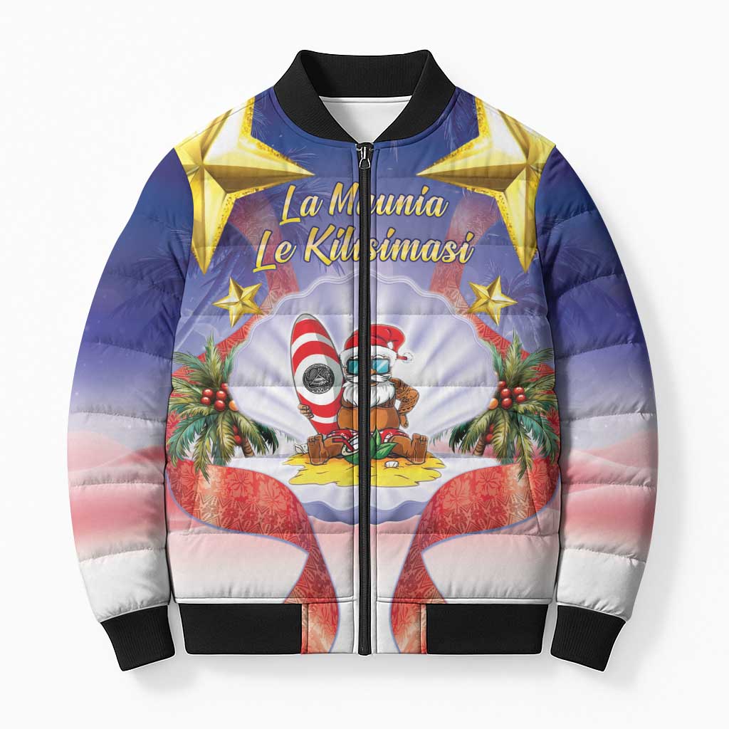 American Samoa Christmas Bomber Puffer Jacket Seashell Santa Beach Vibes LT05 Unisex Navy - Polynesian Pride