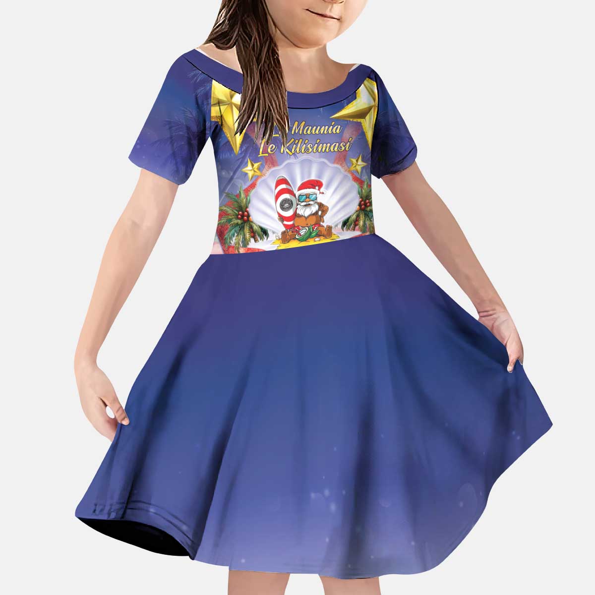 American Samoa Christmas Kid Short Sleeve Dress Seashell Santa Beach Vibes LT05 KID Navy - Polynesian Pride