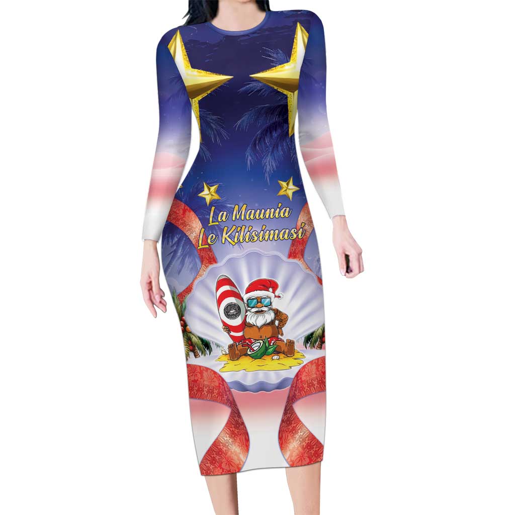 American Samoa Christmas Long Sleeve Bodycon Dress Seashell Santa Beach Vibes LT05 Long Dress Navy - Polynesian Pride