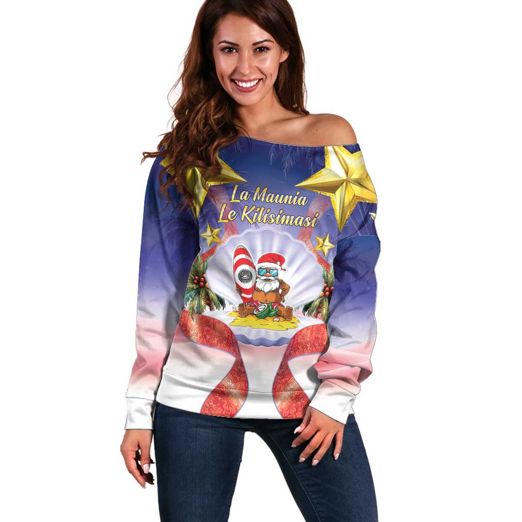 American Samoa Christmas Off Shoulder Sweater Seashell Santa Beach Vibes LT05 Women Navy - Polynesian Pride