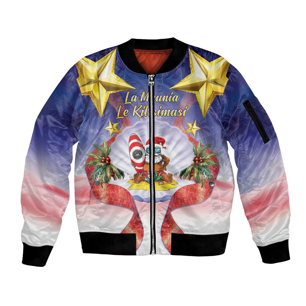 American Samoa Christmas Sleeve Zip Bomber Jacket Seashell Santa Beach Vibes LT05 Unisex Navy - Polynesian Pride
