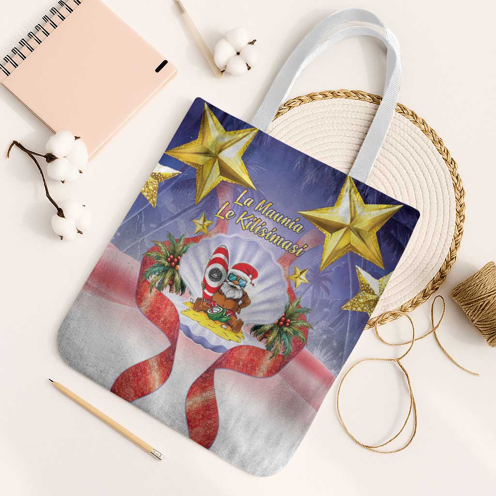 American Samoa Christmas Tote Bag Seashell Santa Beach Vibes LT05 White Strap One Size Navy - Polynesian Pride