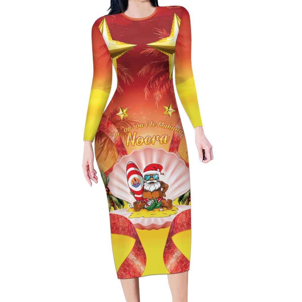 French Polynesia Christmas Long Sleeve Bodycon Dress Seashell Santa Beach Vibes LT05 Long Dress Orange - Polynesian Pride