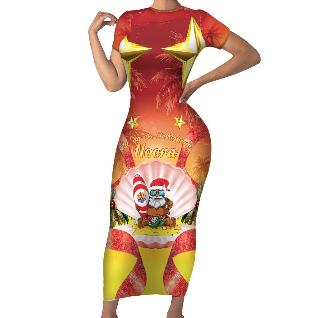 French Polynesia Christmas Short Sleeve Bodycon Dress Seashell Santa Beach Vibes LT05 Long Dress Orange - Polynesian Pride