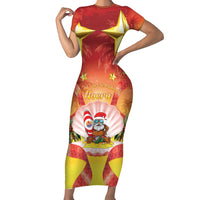 French Polynesia Christmas Short Sleeve Bodycon Dress Seashell Santa Beach Vibes LT05 Long Dress Orange - Polynesian Pride