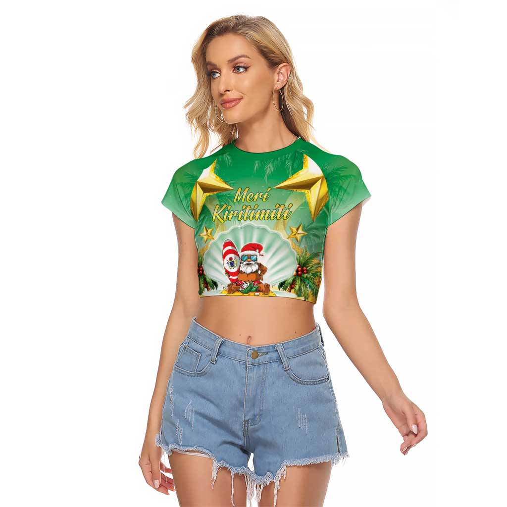 Cook Islands Christmas Raglan Cropped T Shirt Seashell Santa Beach Vibes LT05 Female Green - Polynesian Pride